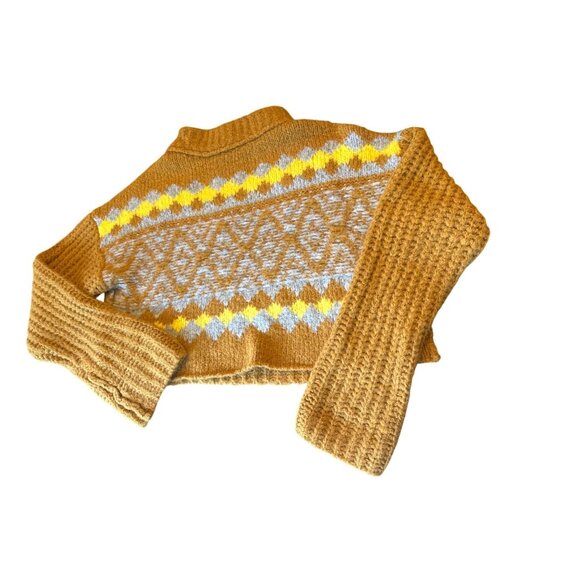 Free People Mustard Yellow Fair Isle Knit Sweater M Wool Blend Cropped Long Slee - Picture 1 of 6